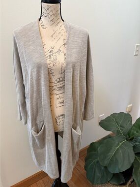 Donni Gray Ribbed Open Front Cardigan 3/4 Sleeve OSFA‎ Lightweight Pockets